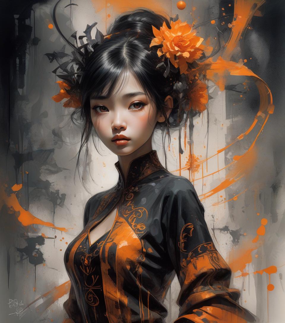  young asian girl, black orange outfit, stylized blender aesthetic, fantastic and surreal composition, digital watercolor wax style and wash intricate watermark images, meticulous craftsmanship infinite artistic style, stunning night vision visually dark influence artistic technologies splash style finely artistic works , combining the styles of michael garmash, martin ansin, brian froud, luis royo, greg rutkowsky, premium effects hire art,