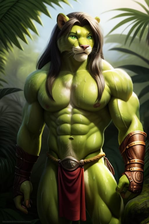  Cat Fursona, Male, Huge Muscles, Abs, Lime green fur, Lime Green messy long hair, Bright green eyes, Loin cloth, Wrist gauntlets, sweaty, dirty, Jungle., open eyes, masterpiece, 4k, fine details,