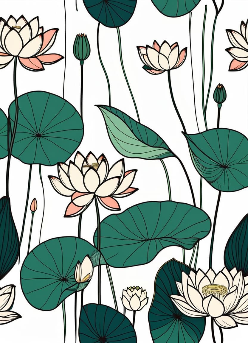  minimalism, the images features individual lotus flowers and leaves, each illustrated with fine detail, highlighting their unique textures and curvature. the flowers and leaves vary. each plant carries its own distinct form, emphasizing their organic and fluid shapes., abstract, simple geometic shapes, hard edges, sleek contours, minimalism