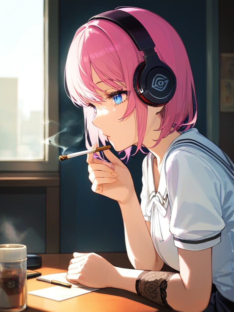  s wearing black tights, headphones, black loafers, whole body, blue eyes , blonde bob cut , white pleated , white sailor suit, tobacco, to cigarettes, purple on the left . a with a rose tattoo, a smoking cigarettes, a spider web on the left arm, masterpiece, best quality,8k,ultra detailed,high resolution,an extremely delicate and beautiful,hyper detail