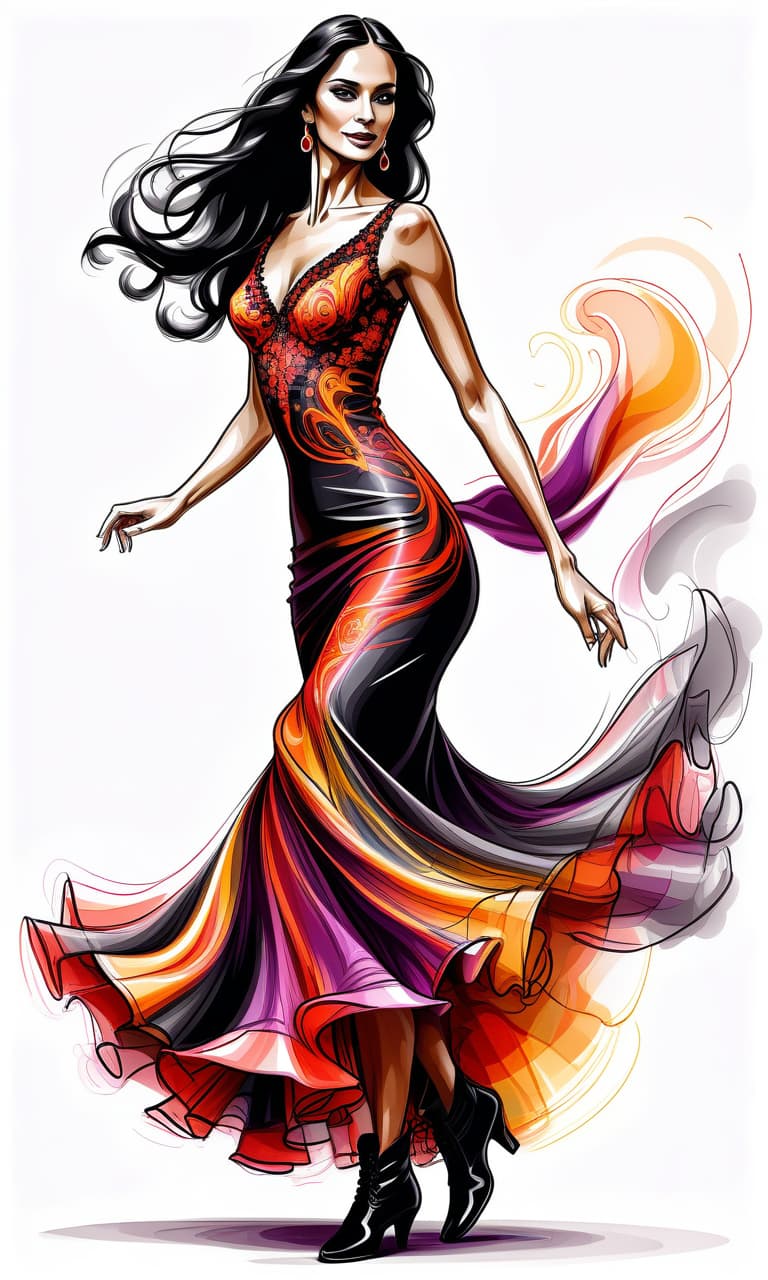  thin, fine fractal gloss vivid fire line ink sketch, sketching with short strokes, with multicolor inkl, spanish dancer in spanish dress dancing flamenco, full length, in boots, long dress, beautiful eyes, slight smile, fine lines, elegant, on the white background. contours. long loose black hair.