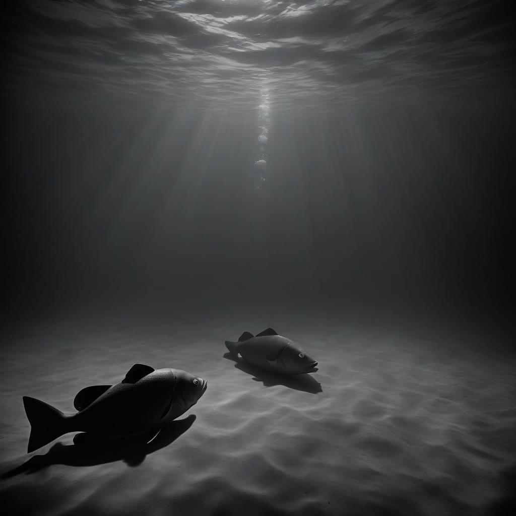  film noir style big fish on the ocean floor . monochrome, high contrast, dramatic shadows, 1940s style, mysterious, cinematic