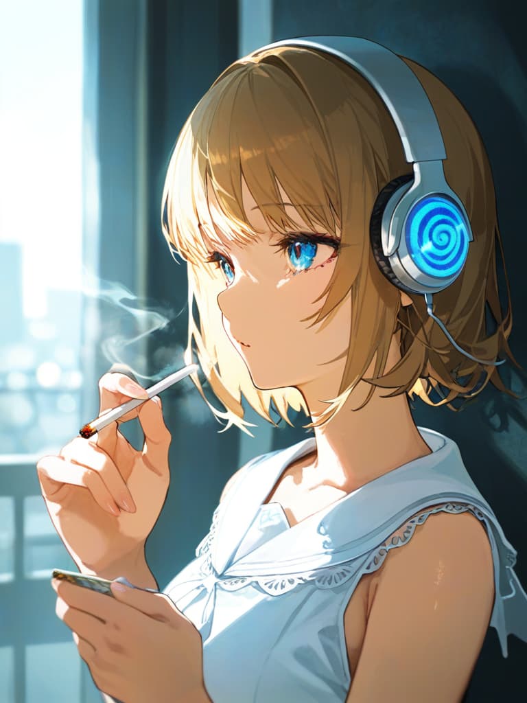  headphones, whole body, blue eyes, blonde bob cut s, white pleated s, white sailor uniforms, s who smoke spider nest on the left arm, with purple rose on the left , ing cigarettes, holding cigarettes, masterpiece, best quality,8k,ultra detailed,high resolution,an extremely delicate and beautiful,hyper detail