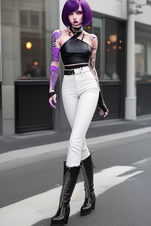   with purple hair, cascade bob haircut. white with shoulder pad, tattoos on arms. celets, black pants, black boots, metal rocker chick