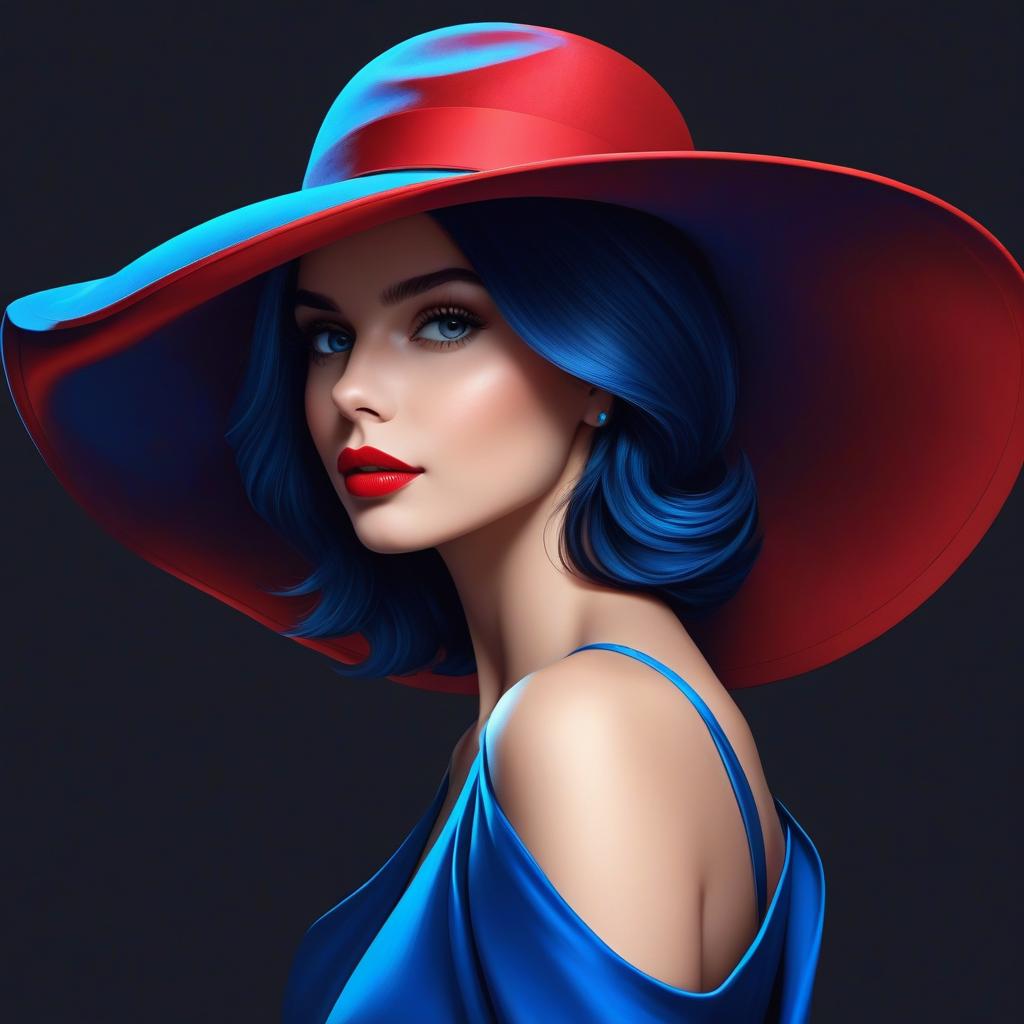  line art drawing close up of a woman in a blue hat, on a dark background, vector graphics, author kuno veeber, computer graphics on trend, digital art, laurie earley,, elegant oil painting, red cloth, parted lips, stunning, 1024 pixel profile photo, glamorous . professional, sleek, modern, minimalist, graphic, line art, vector graphics