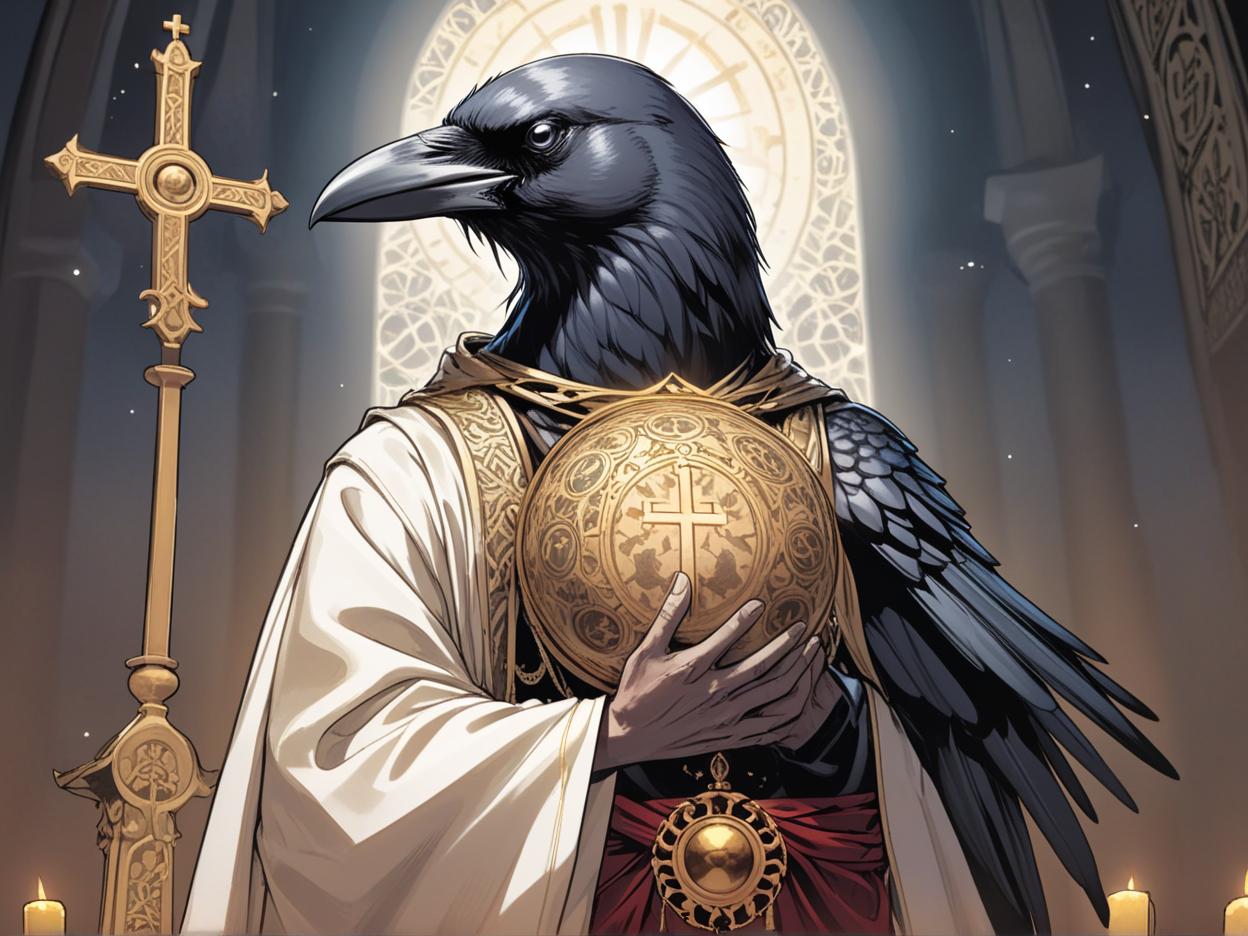  manga artwork a holy crow man with a human body holding a holy libram while standing at an altar. manga artist. manga, highly emotional. best quality, high resolution