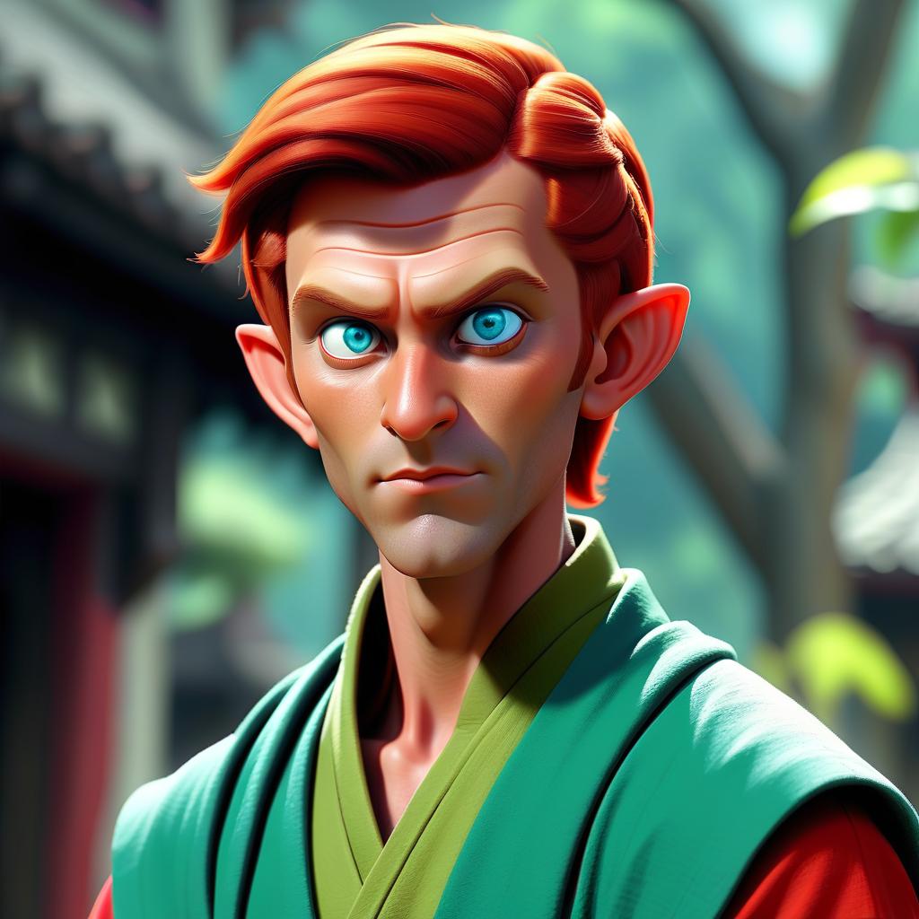  an elf man with short red hair and a short braid at the back, bright red pupils of eyes, tanned skin, dressed in a green robe without sleeves over a blue t shirt, oriental style clothing.