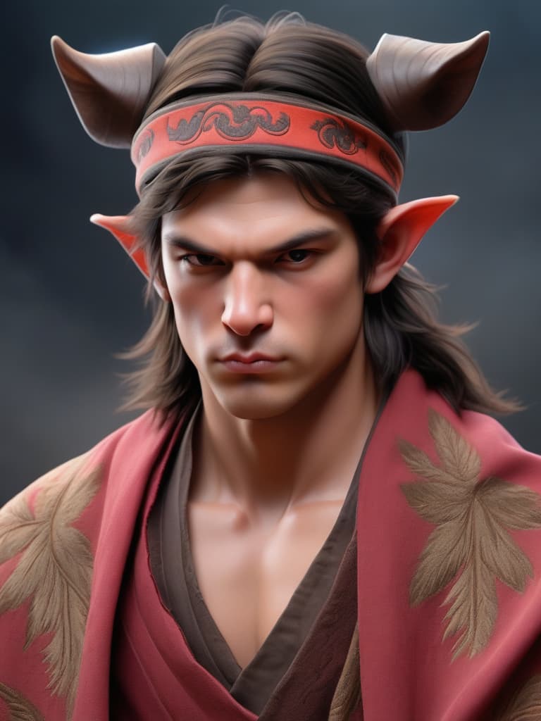  pig demon, 1 male, pig face, solo, male focus, tusks, warrior robe, portrait, headband, looking at viewer, realistic, slightly open mouth, close up, broad shoulders, dark background, weathered skin