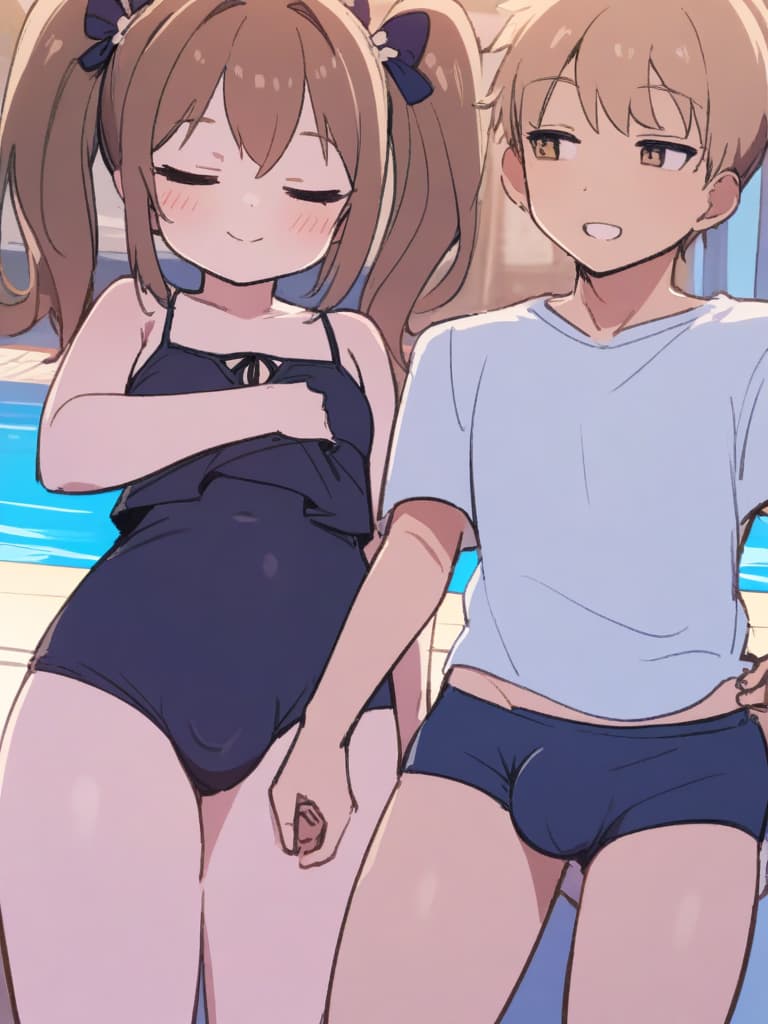  women's elementary students (male), twin tails, cute smiles, rich s, low stature, dark blue swimwear, old swimwear, , simple, , (bulge), male (bulging), front, whole body, pool side,