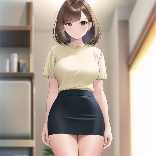  master piece , best quality,　married woman, brown hair, bob, y shirt, mini skirt