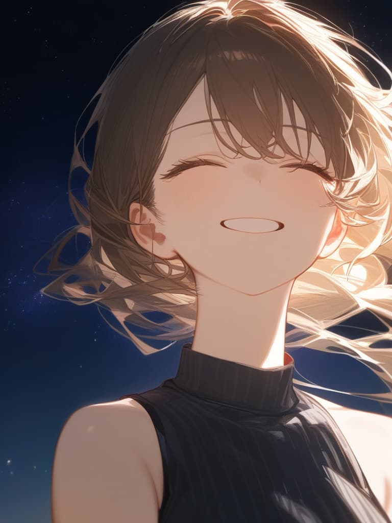  a girl laughing at me, bright brown hair, long hair, transparent ephemeral, black sleeveless dress, white cardigan, whole body facing in front, laughing, laughing, starry sky under the whole body, facing here, my eyes meet me, masterpiece, best quality,8k,ultra detailed,high resolution,an extremely delicate and beautiful,hyper detail