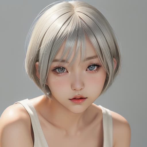  cute japanese girl face, cute short hair, light blonde and silver bob cut hairstyle, black sleeveless top, delicate makeup, cool style, natural lighting, photo realistic in the style of realistic.