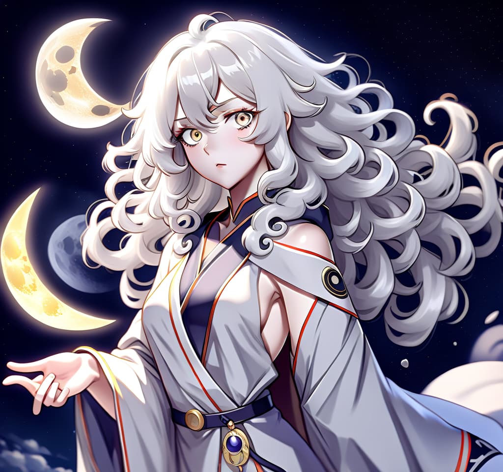  anime artwork divine robe, girl, goddess of the moon, white hair, curly hair, medium height, toned body, gray eyes, middle aged, pale skin, haircut. . anime style, key visual, vibrant, studio anime, highly detailed