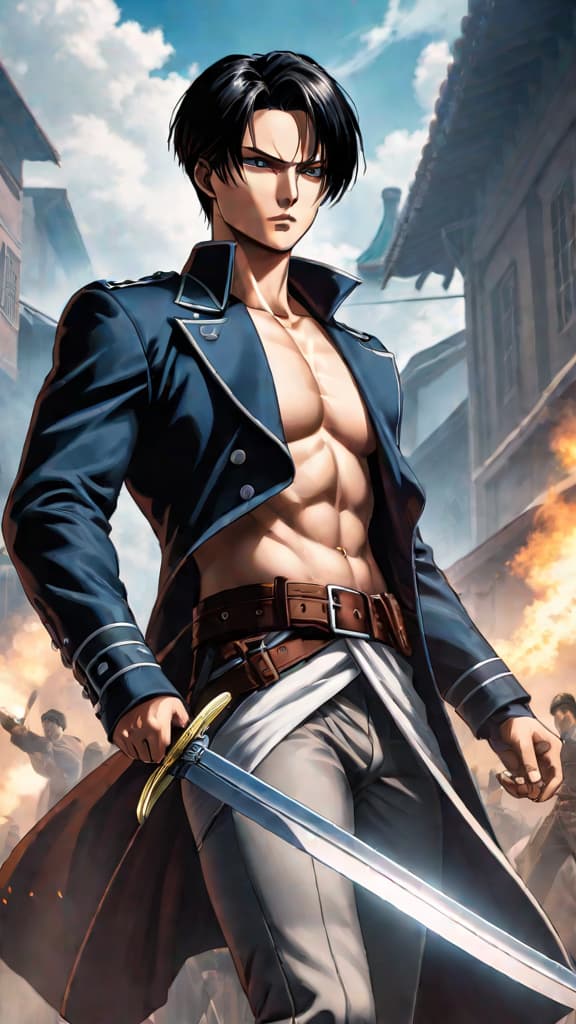  anime art of levi ackerman showcasing his calculated blade swings as the ultimate titan slaying machine. hyperrealistic, full body, detailed clothing, highly detailed, cinematic lighting, stunningly beautiful, intricate, sharp focus, f/1. 8, 85mm, (centered image composition), (professionally color graded), ((bright soft diffused light)), volumetric fog, trending on instagram, trending on tumblr, HDR 4K, 8K