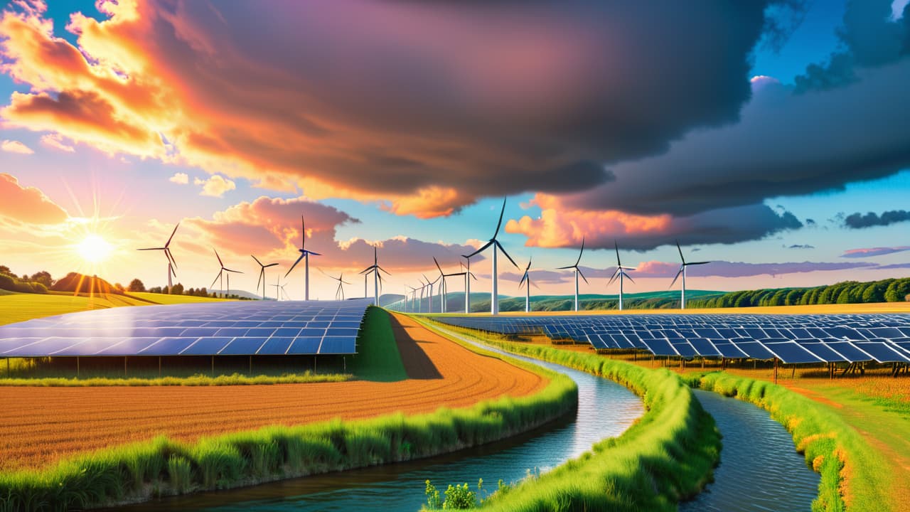  a vibrant landscape showcasing a solar farm with gleaming panels, wind turbines on rolling hills, and a flowing river with hydroelectric dam in the background, under a bright blue sky with fluffy clouds. hyperrealistic, full body, detailed clothing, highly detailed, cinematic lighting, stunningly beautiful, intricate, sharp focus, f/1. 8, 85mm, (centered image composition), (professionally color graded), ((bright soft diffused light)), volumetric fog, trending on instagram, trending on tumblr, HDR 4K, 8K