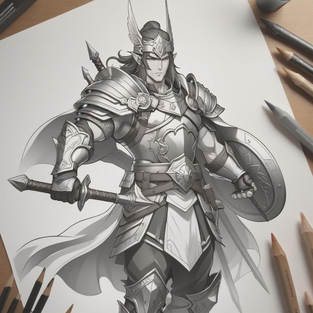  line art drawing dnd warrior man anime style . professional, sleek, modern, minimalist, graphic, line art, vector graphics hyperrealistic, full body, detailed clothing, highly detailed, cinematic lighting, stunningly beautiful, intricate, sharp focus, f/1. 8, 85mm, (centered image composition), (professionally color graded), ((bright soft diffused light)), volumetric fog, trending on instagram, trending on tumblr, HDR 4K, 8K