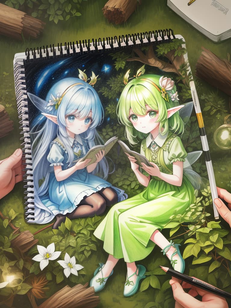  (drawing style,sketchbook drawing),in the forest,palm sized fairies (close up: small fairies): 1.5,small multiple pale lights,(colored pencil drawing giving soft impression throughout),super detailed,high resolution,absurd employed,