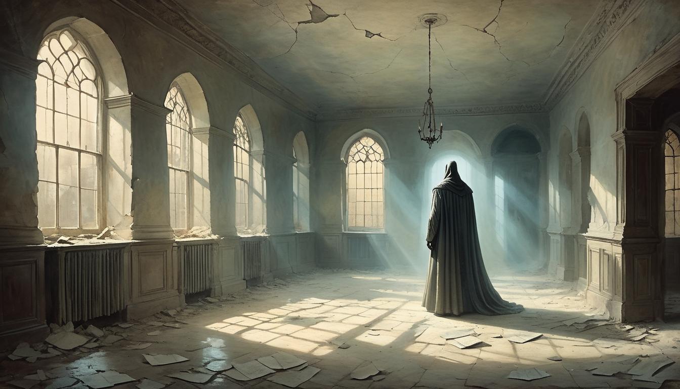  on parchment, surrealism+++, a ghostly figure standing in an empty room, light streaming through broken windows, ethereal glow, spectral appearance, irreplaceable presence, melancholic(mysterious, provocative, symbolic,muted color)+++