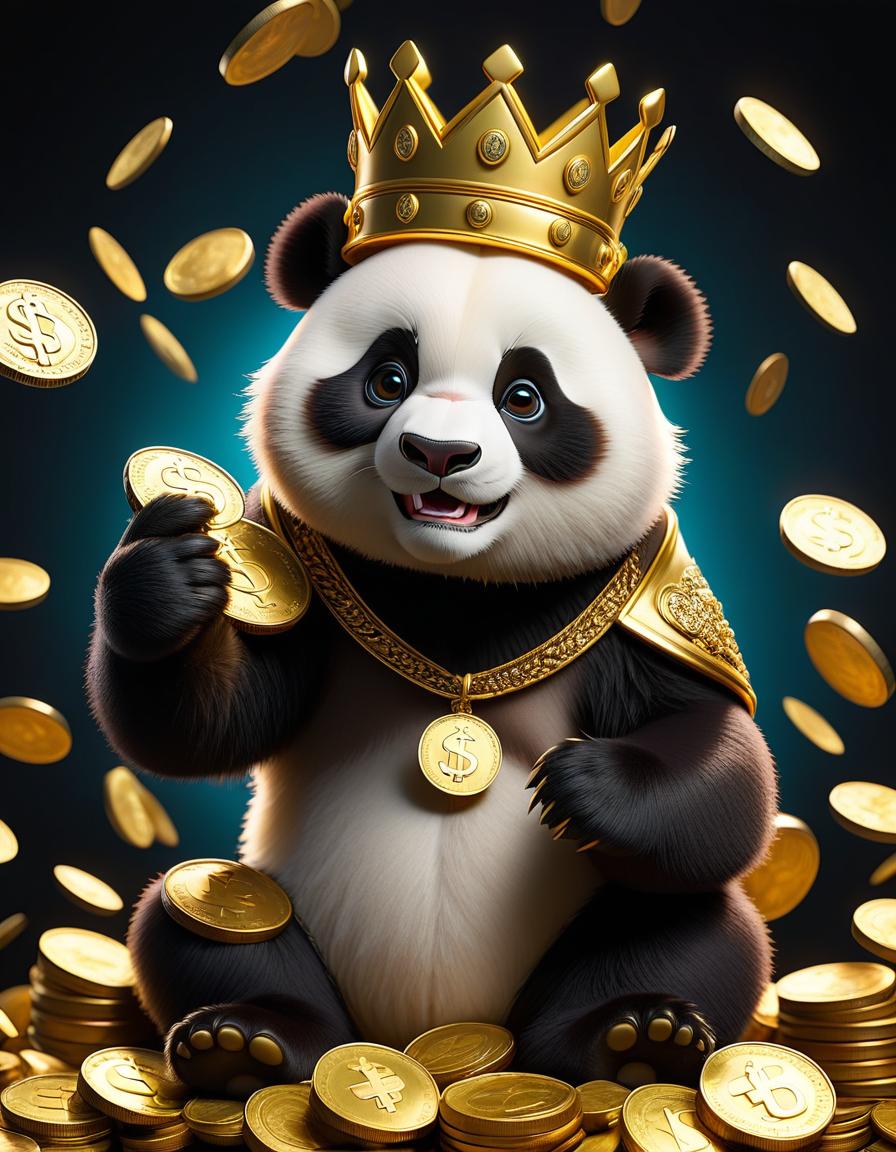  create a picture of the dollar rate rising and falling in gold color in the center a cartoon brutal panda with a crown on his head with a coin in his hand on the sides up and down arrows on a black background hyperrealistic, full body, detailed clothing, highly detailed, cinematic lighting, stunningly beautiful, intricate, sharp focus, f/1. 8, 85mm, (centered image composition), (professionally color graded), ((bright soft diffused light)), volumetric fog, trending on instagram, trending on tumblr, HDR 4K, 8K