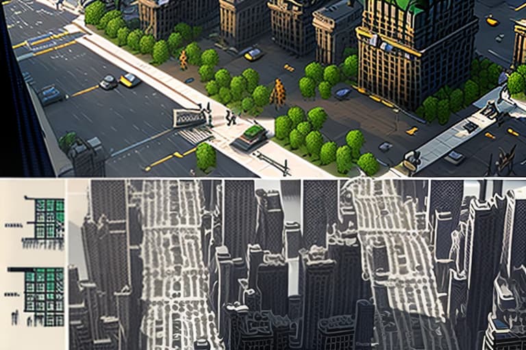 estilovintedois Create a blank road map of Gotham City with: - Roads, highways, and alleys - Empty spaces for buildings and landmarks - Basic road features like streetlights and crosswalks Leave the building spaces blank for customization.