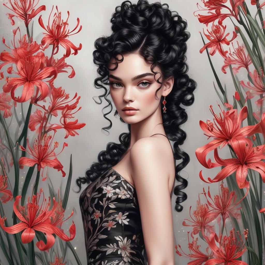  a beautiful girl, long large black curls,a branch of lycoris flowers,glitter, digital painting,fine ink drawing,fashionable vogue cover, botanical,stands realistic in a silk dress,dolce & gabbana, bohemian style,elegant,intriguing,lots of details, photorealism, professional photo,