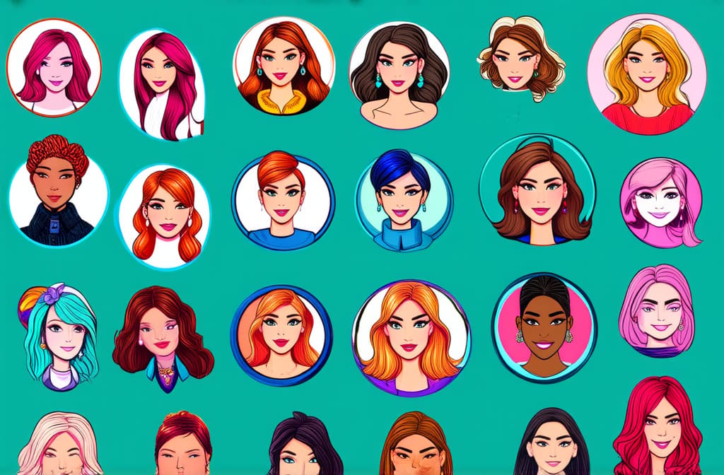  different beauty. set of different female heads. round icons. female avatars. different races and nationalities. colored hand drawn vector illustration. different clothes and haircuts. social media concept ar 3:2 {prompt}, maximum details