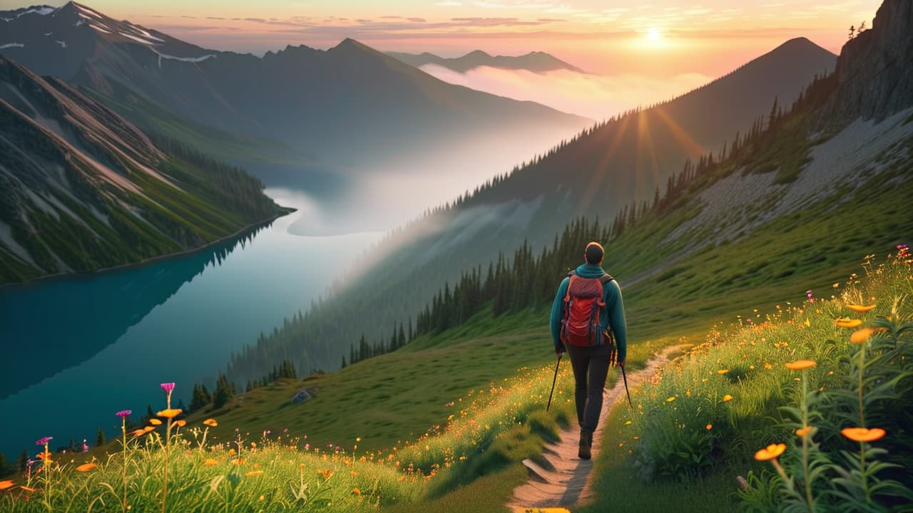  a serene mountain landscape at sunrise, featuring a lone hiker with a small backpack, navigating a winding trail lined with wildflowers, discovering a hidden campsite near a sparkling lake, all under a vast, open sky. hyperrealistic, full body, detailed clothing, highly detailed, cinematic lighting, stunningly beautiful, intricate, sharp focus, f/1. 8, 85mm, (centered image composition), (professionally color graded), ((bright soft diffused light)), volumetric fog, trending on instagram, trending on tumblr, HDR 4K, 8K