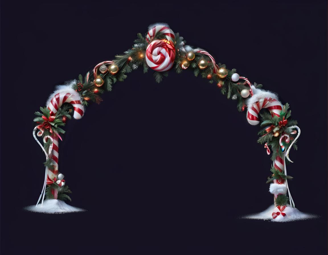  breathtaking an arch made up of candy canes and ornaments, christmas garland with decoration, pine needle and snow on it . award winning, professional, highly detailed, civitai