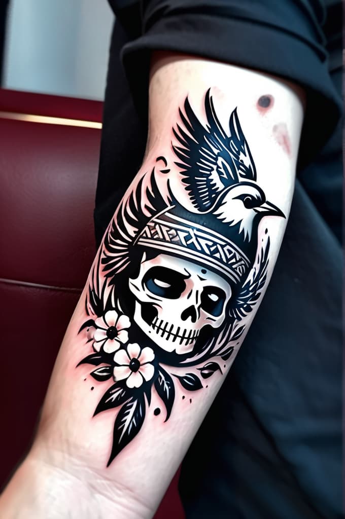  tattoo with greek style and skull flowers birds god eye, (tattoo:1.15), black and white style, hq, hightly detailed, 4k