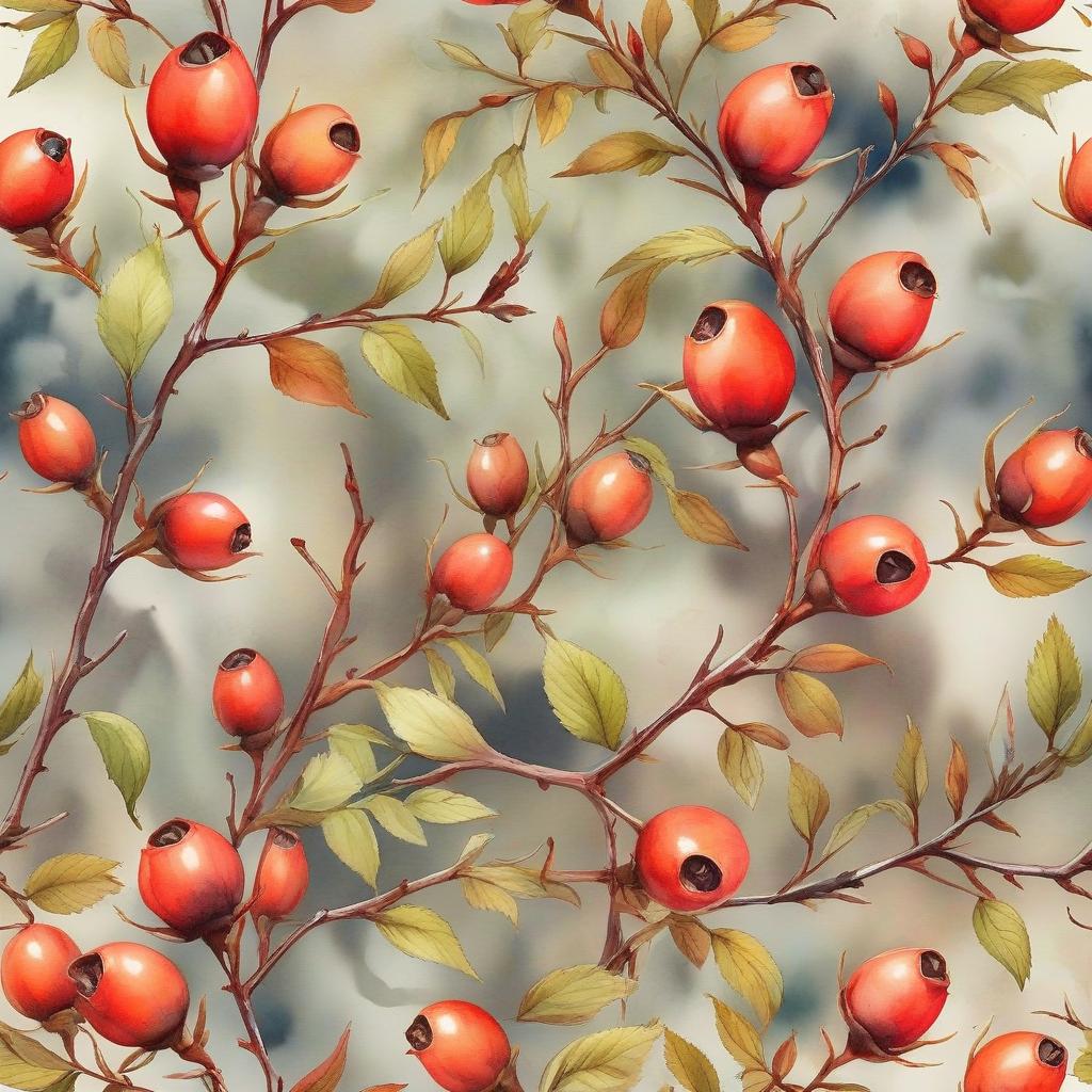  watercolor painting draw rosehip branches . vibrant, beautiful, painterly, detailed, textural, artistic