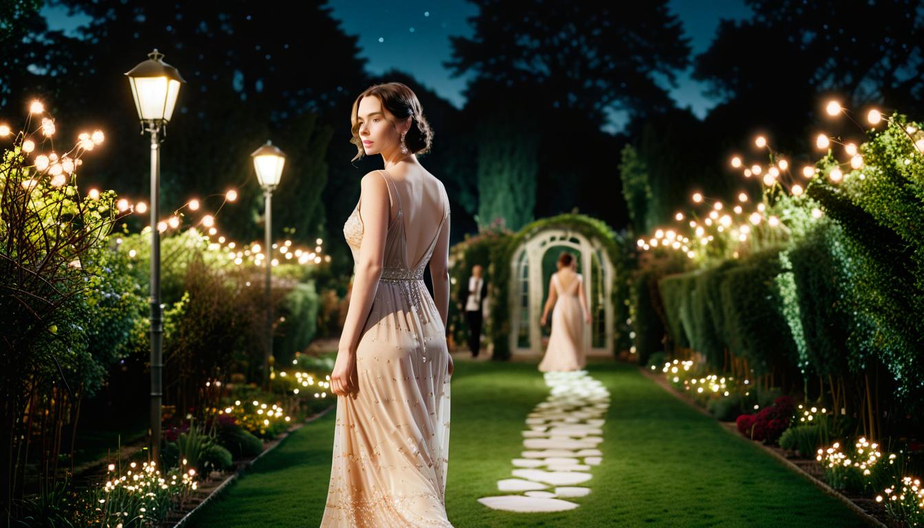  cinematic photo high definition photographic image, detailing, drawing details, night, a woman in a beautiful evening dress, walking alone in the garden. . 35mm photograph, film, bokeh, professional, 4k, highly detailed, film photography style