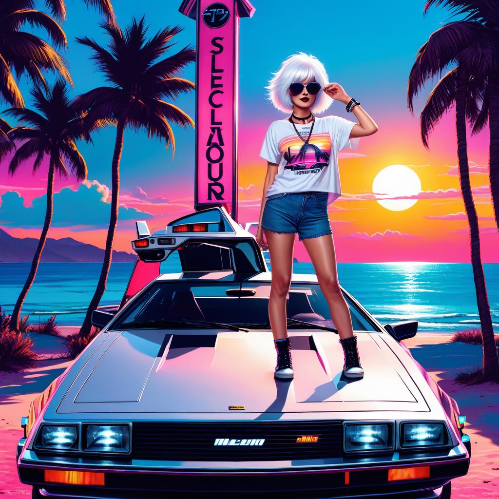  a woman with white hair, a short pixie haircut in sunglasses, a top t shirt, with a choker around her neck, stands in full height near a delorean dmc 12 car. seaside, palm shade. neon sunset, neon inscription "neon cherry", digital photo, high detail, high realism.