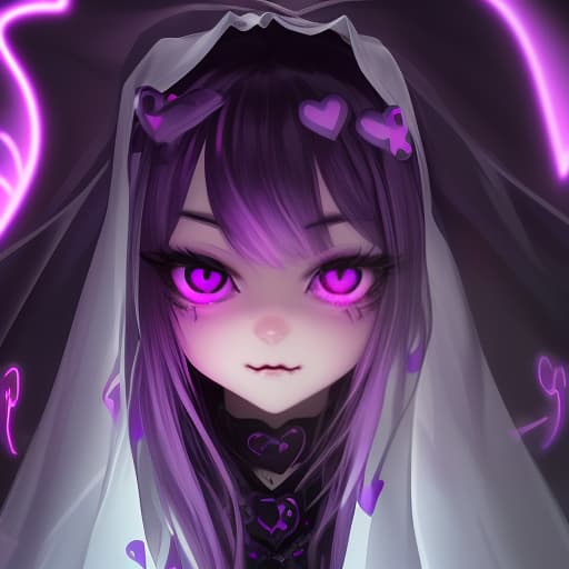  a close up of a person with long hair, purple glowing eyes, lofi girl, (heart), artist unknown, just a cute little thing, bite, exotropia eyes, well edited, looking at viewer, veil, emote, large)}], neon aesthetic, fangs, hearts