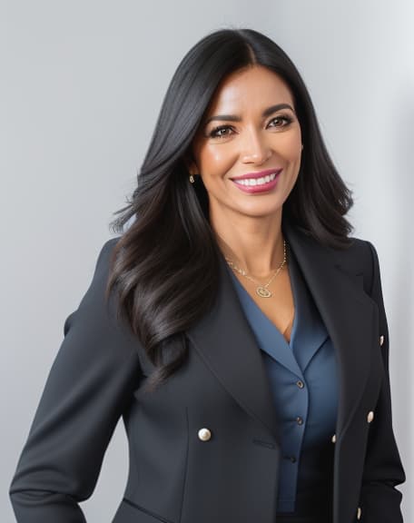  black hair, much younger face, carine marques da silva happily smiles at us. she wears a sky blue blaser on top of a sky blue suite under which there is a white shirt. hyperrealistic, full body, detailed clothing, highly detailed, cinematic lighting, stunningly beautiful, intricate, sharp focus, f/1. 8, 85mm, (centered image composition), (professionally color graded), ((bright soft diffused light)), volumetric fog, trending on instagram, trending on tumblr, HDR 4K, 8K