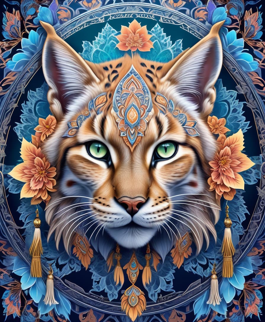  art nouveau style masterpiece, hdr 8k, digital image. conceptual art. (siberian lynx, majestic wildcat, powerful paws, flexible strong body, piercing feline eyes, sharp fangs, (tassels on ears), (hunted down prey, preparing to attack), appearing in ancient russian ethnic ornaments that make up a symmetrical mandala consisting of an endless forest, a wide flowing river and majestic mountains, the mandala is decorated with a fantastic ice pattern). abstract elements: stones, tree leaves, flowers. the effect of dissolving the natural shades of fur in sky waves. filigree finishes, mysterious neon glowing accents, intricate. stylization. neo rococo style. stylish, dynamic, atmospheric. background dissolving abstract patterns in the space:: vig