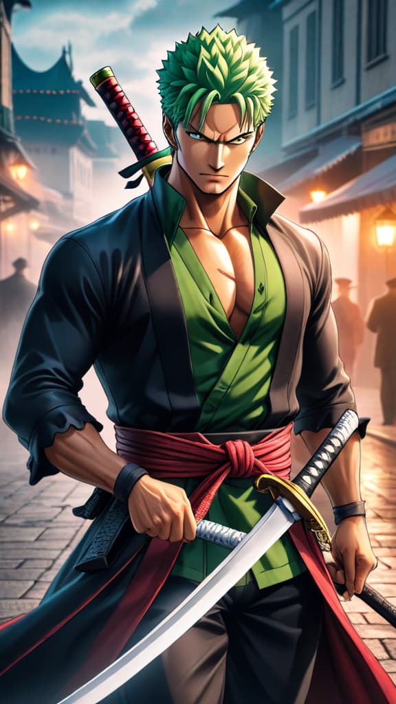  anime art: roronoa zoro challenges dracule mihawk, striving to surpass the world's greatest swordsman. hyperrealistic, full body, detailed clothing, highly detailed, cinematic lighting, stunningly beautiful, intricate, sharp focus, f/1. 8, 85mm, (centered image composition), (professionally color graded), ((bright soft diffused light)), volumetric fog, trending on instagram, trending on tumblr, HDR 4K, 8K