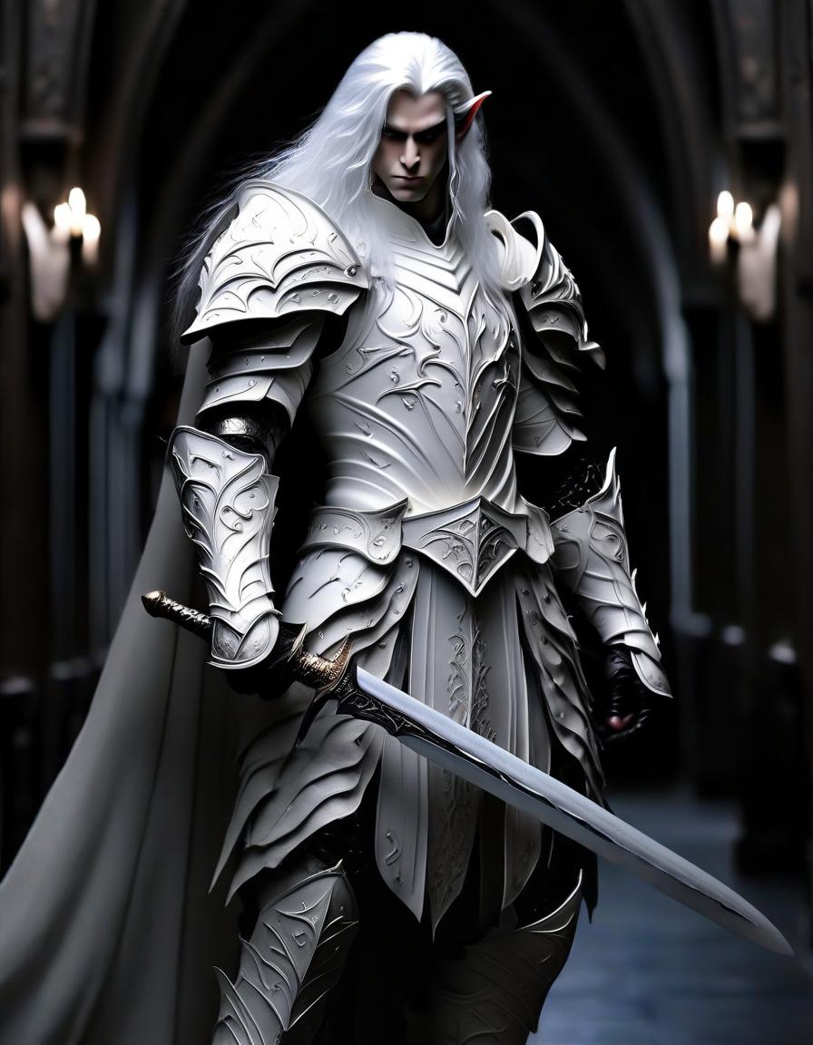  macabre style a noble white elf with black hair. in white leather openwork armor, white leather shoulder pads, white leather elbow pads, with a long sword in his hand, standing in a dark hall. . dark, gothic, grim, haunting, highly detailed, perfecteyes, perfect hands