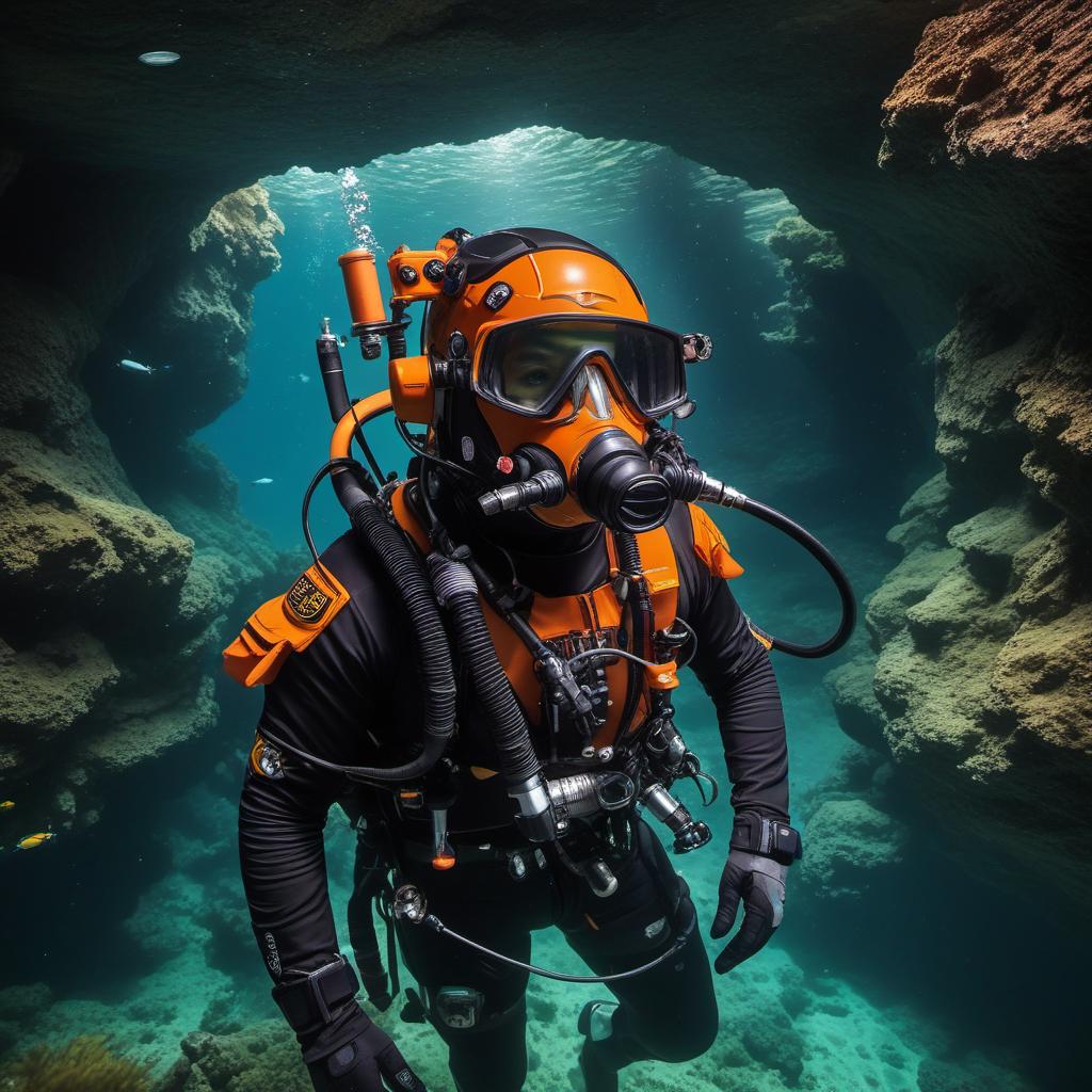  jb name, male, rebreather diver, thick loops, helmet in orange, cave diver, underwater, face view diver, fresh water, shoulder view, jb, space style