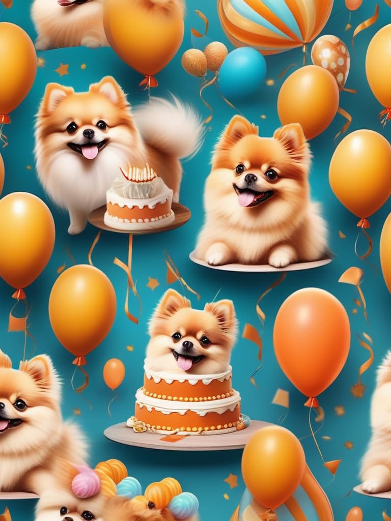  cute pomeranian, orange, smile, birthday cake 🎂, balloon 🎈, happy birthday, masterpiece, best quality,8k,ultra detailed,high resolution,an extremely delicate and beautiful,hyper detail