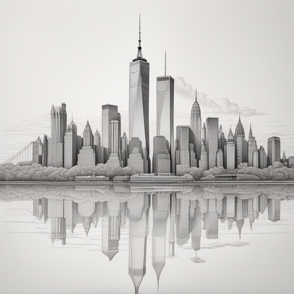  A single, continuous, unbroken line drawing of the Manhattan skyline including the Twin Towers, in a minimalistic style. The skyline should be recognizable and simplified, captured in one perfect, continuous line. hyperrealistic, full body, detailed clothing, highly detailed, cinematic lighting, stunningly beautiful, intricate, sharp focus, f/1. 8, 85mm, (centered image composition), (professionally color graded), ((bright soft diffused light)), volumetric fog, trending on instagram, trending on tumblr, HDR 4K, 8K