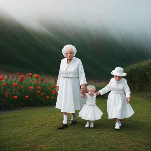  i want an elderly couple wearing white cloths and happily playing with their 2 grandchildren hyperrealistic, full body, detailed clothing, highly detailed, cinematic lighting, stunningly beautiful, intricate, sharp focus, f/1. 8, 85mm, (centered image composition), (professionally color graded), ((bright soft diffused light)), volumetric fog, trending on instagram, trending on tumblr, HDR 4K, 8K