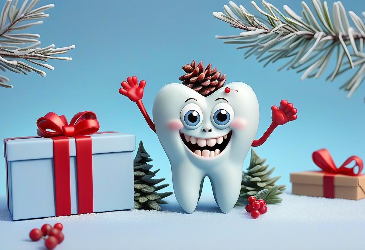  a large pale blue background, a cartoon model of a tooth, a pine branch in frost with berries at the top right, a gift box, christmas tree toys at the bottom left.