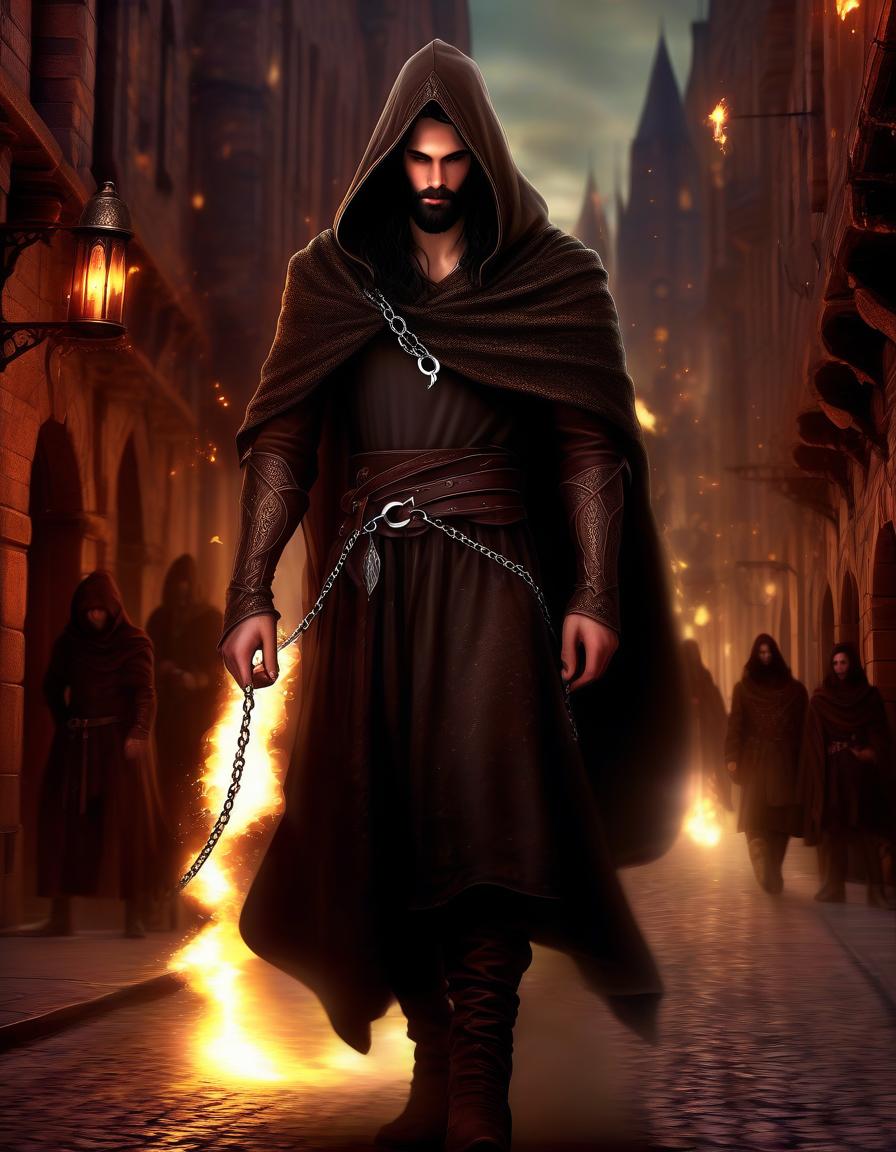  ethereal fantasy concept art of fantasy art, a handsome man of 2s, lean build, long black hair and a beard, simple brown clothes commoners of the middle ages, a hood removed, a slightly shabby black cloak on one shoulder, a leather book tied with a chain on a belt, against the background of the street of the night ancient sumerian city, the street is illuminated by torches. . magnificent, celestial, ethereal, painterly, epic, majestic, magical, fantasy art, cover art, dreamy