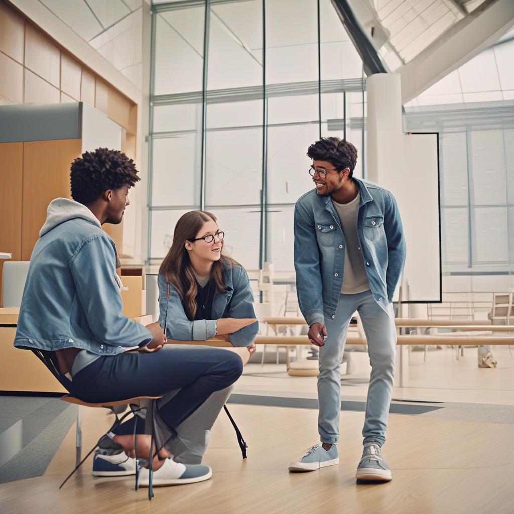  masterpiece, best quality, 1 student talking to another student. Causal clothes, sharp focus. Indoor