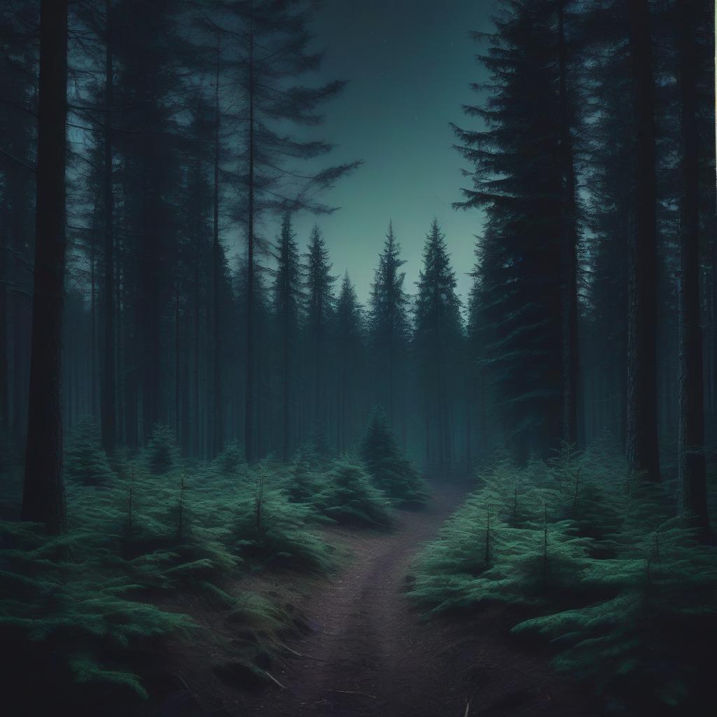  secret path in the forest, barely visible behind the crowns of fir trees, more oil the sky is not visible behind the branches of trees / more darkness dark tones, vhs style / 80s poster / granularity