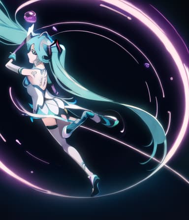  (masterpiece, best quality, highres:1.2), (intricate and beautiful:1.2), (detailed light:1.2), (colorful, dynamic angle), upper body shot, fashion photography of cute, intense long hair, (hatsune miku), dancing pose, flirting with pov, dynamic pose, soft moonlight passing through hair, (abstract colorful art background:1.3), (official art), (cinematic)