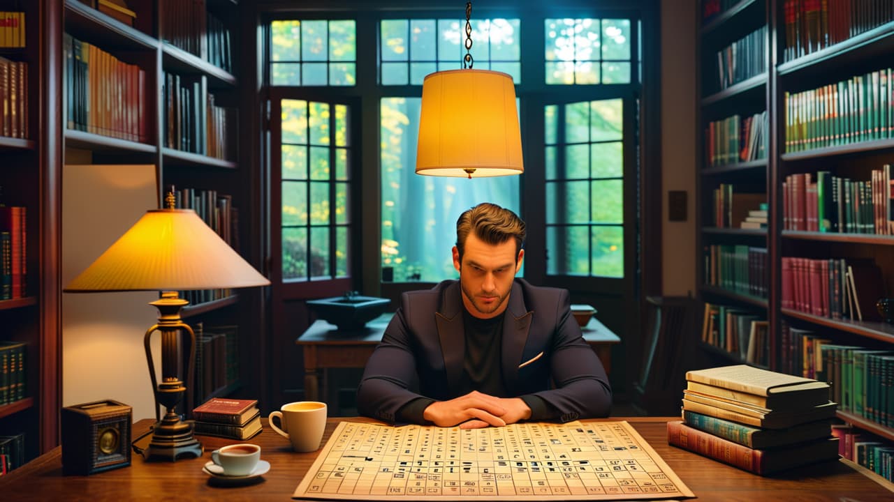  a cozy study with a wooden desk, a lit lamp casting warm light over an open crossword puzzle, scattered pencil shavings, a steaming cup of coffee, and a bookshelf filled with puzzle books. hyperrealistic, full body, detailed clothing, highly detailed, cinematic lighting, stunningly beautiful, intricate, sharp focus, f/1. 8, 85mm, (centered image composition), (professionally color graded), ((bright soft diffused light)), volumetric fog, trending on instagram, trending on tumblr, HDR 4K, 8K