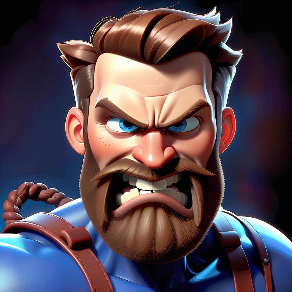  fighting game style a portrait from the original image in a cartoon style. the person's face from the original image must have an exact resemblance. in pixar style. computer animation, typical of animated films. smile. beard. blue eyes . dynamic, vibrant, action packed, detailed character design, reminiscent of fighting video games