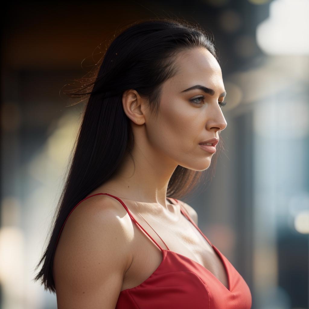  (((wearing red dress))),(((realistic full torso side view photo of a light beige to medium tan skin tone woman))), bella katherine peters, ((caucasian heritage)), immature face, blue eye color, (straight hair style), ((black hair color)), (( body type)), flat size, small size, (immature straight narrow nose), (immature high cheekbones), (immature smooth jawline), (immature full lips), (immature wide forehead), (immature even eyebrows), (immature pointed chin), standing looking directly into camera, in background, 1, best quality, highest quality, award winning photo, masterpiece, raw, professional photography, photorealism, sharp focus, cinematic, high resolution, sharp, sharp image, 4k, 8k, 35 mm, vis hyperrealistic, full body, detailed clothing, highly detailed, cinematic lighting, stunningly beautiful, intricate, sharp focus, f/1. 8, 85mm, (centered image composition), (professionally color graded), ((bright soft diffused light)), volumetric fog, trending on instagram, trending on tumblr, HDR 4K, 8K