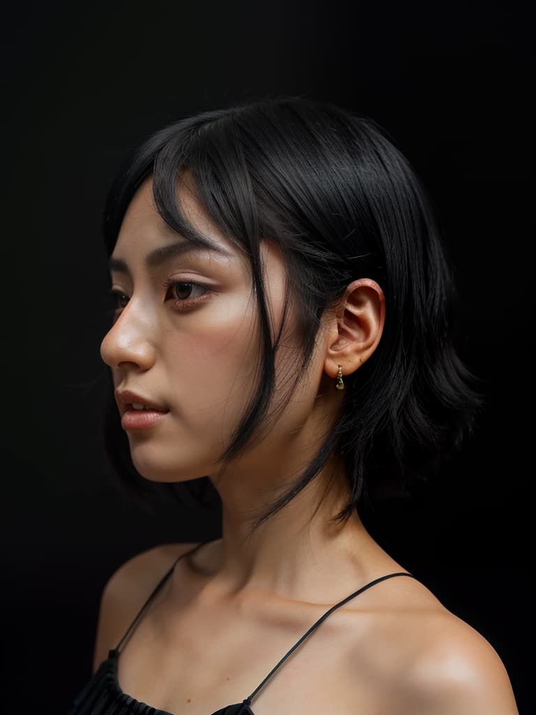  black hair, shortcut, black clothes, black background, profile, japanese, masterpiece, best quality,8k,ultra detailed,high resolution,an extremely delicate and beautiful,hyper detail